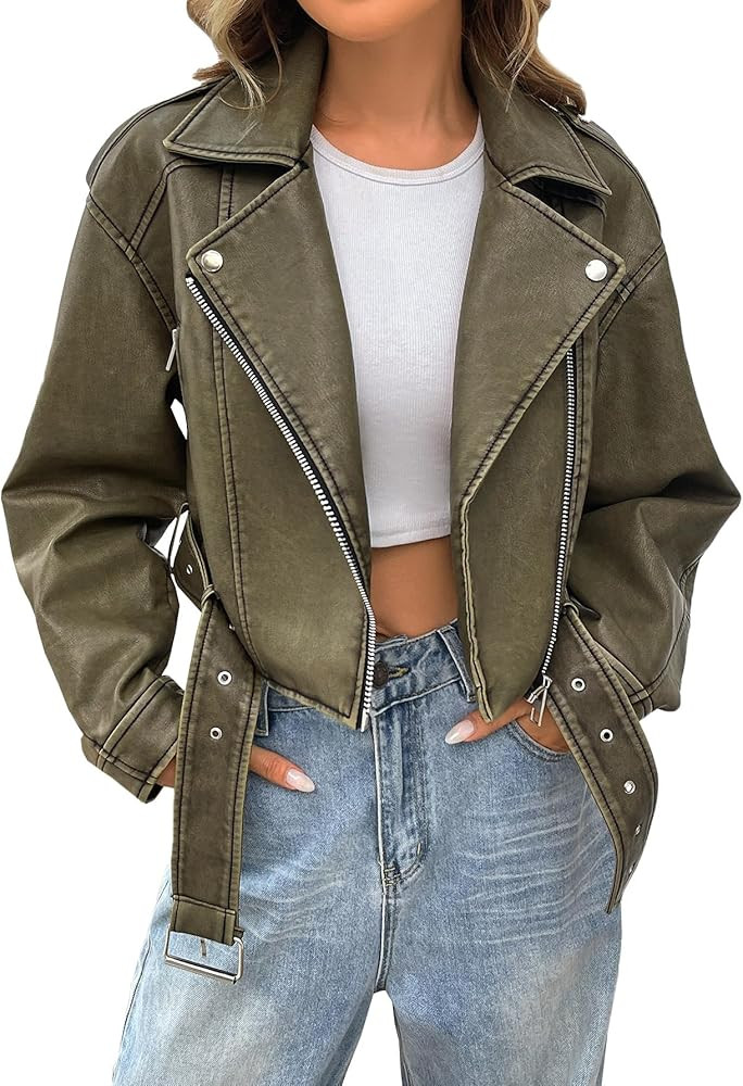 LY VAREY LIN Women Faux Leather Cropped Jacket Vegan Motor Biker Coat with Belt | Amazon (US)