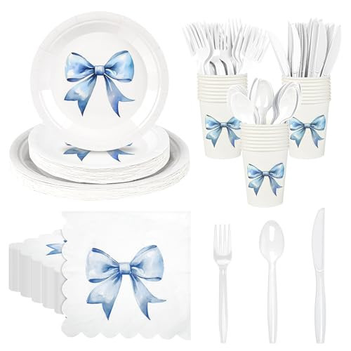 175pcs Blue Bow Party Supplies, Conquette Cute Supplies Bachelorette Decorations Tableware Set Include Blue Bow Paper Plates Cocktail Napkins Cups and Cutlery for Girls Party Engagement Baby Shower | Amazon (US)