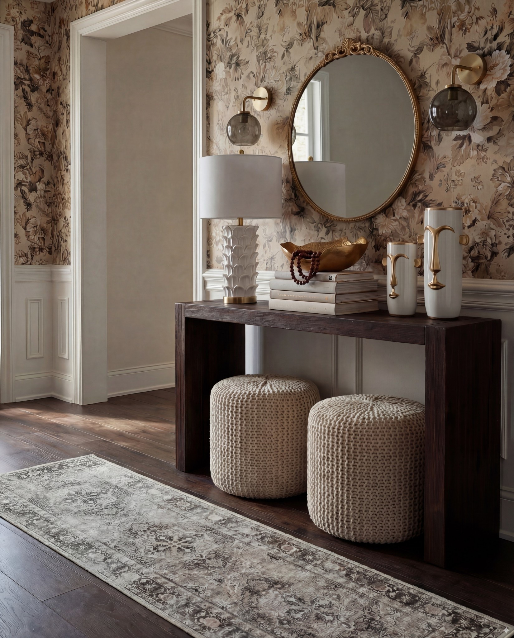 Shop the Look:
• Dark wood console (deep espresso)
• Chunky knit ottomans (cream)
• Gold round mirror (ornate frame)
• Brass globe sconces
• Sculptural white table lamp
• White + gold accent vases
• Neutral vintage runner (taupe, beige, charcoal tones)
• Decorative bowl + books for styling
- brown wood decor beads

#LTKHome #LTKSaleAlert