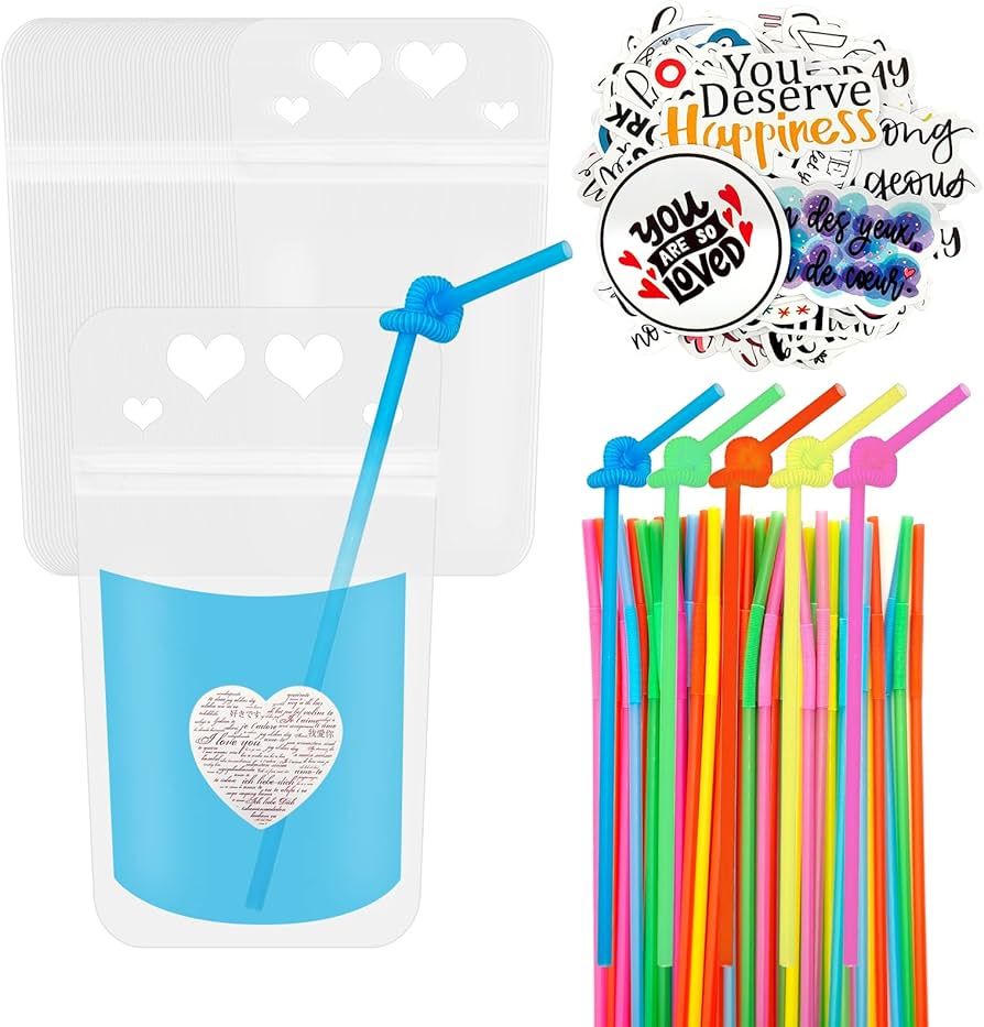 KWAGOCAR 50 Sets Drink Pouches with Straws for Adults Reusable Freezable Juice Pouches Translucen... | Amazon (US)