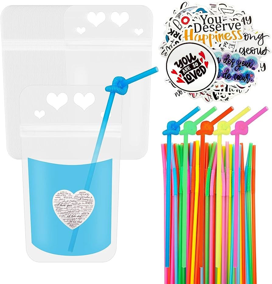 KWAGOCAR 50 Sets Drink Pouches with Straws for Adults Reusable Freezable Juice Pouches Translucen... | Amazon (US)
