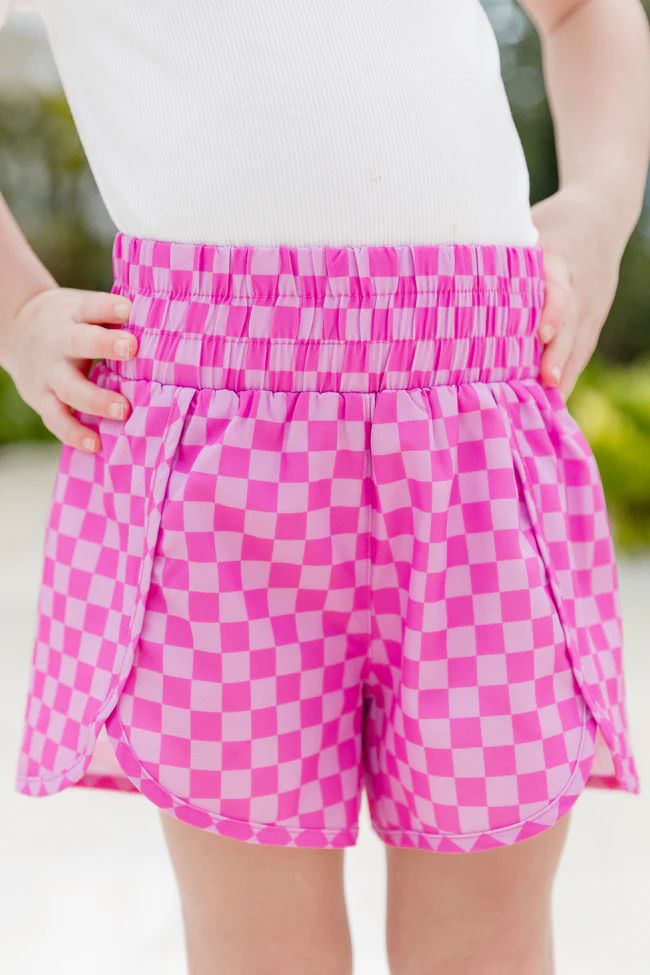 Kid's Errands To Run Pink Checkered High Waisted Athletic Shorts DOORBUSTER | Pink Lily