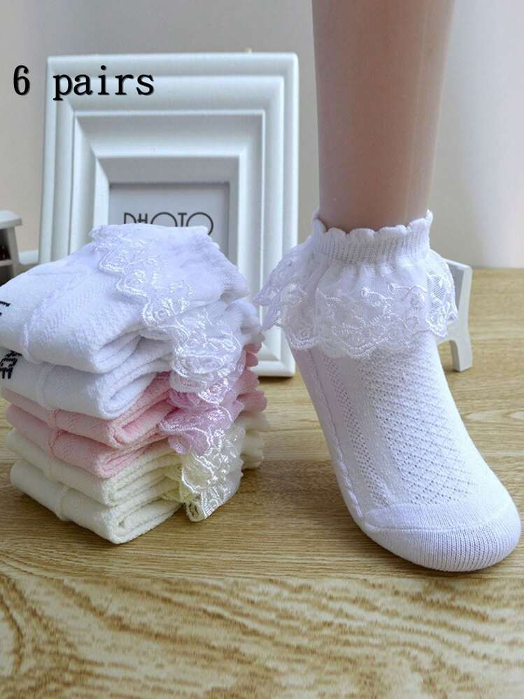 6pairs Tween Girls' Lace Trim Dance Socks School Parties | SHEIN
