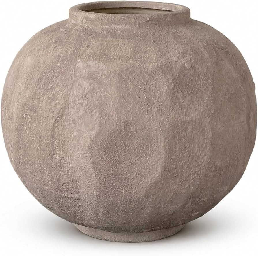 Rustic Ceramic Flower Vase, Vintage Round Brown Textured Pottery Decor | Amazon (US)