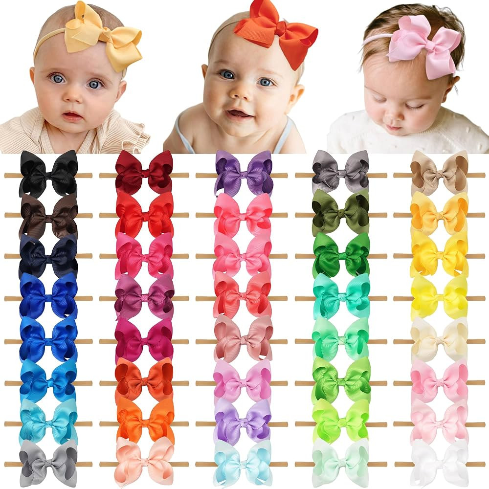 C\u00c9LLOT 40 Colors 3.5" Hair Bows Super Soft Nylon Headbands for Baby Girls | Amazon (US)