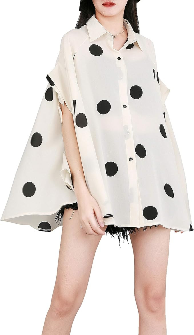 ellazhu Women's Batwing Sleeve Polka Dot Printed Button Down Blouse Oversized Shirt Top for Summe... | Amazon (US)