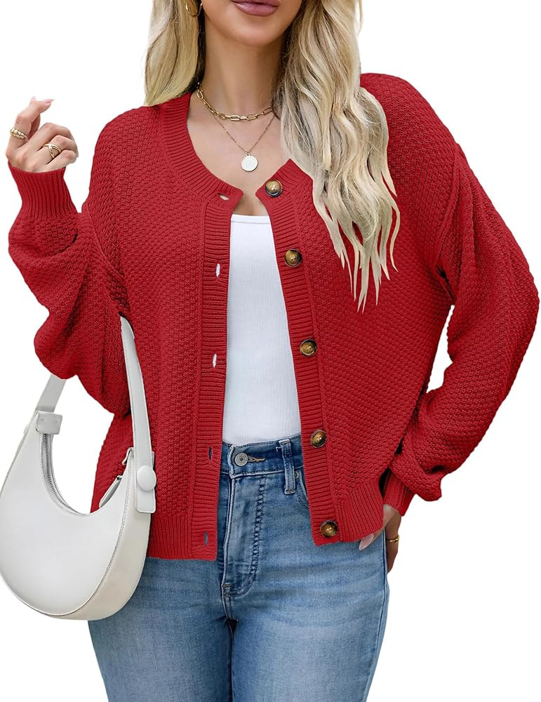 AGSEEM Cropped Cardigan for Women, Button Down Sweaters Long Sleeve Crew Neck Solid Color Tops Kn... | Amazon (US)