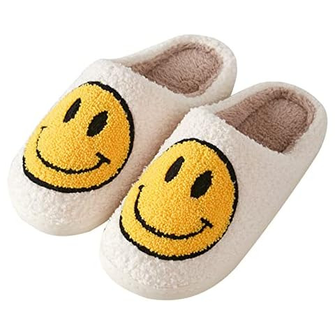 Smiley Face Slippers Retro Cozy Comfy Plush Warm Slip-on Slippers Winter Soft Fuzzy Indoor House ... | Amazon (US)