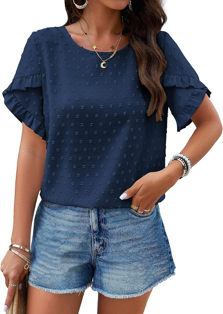PRETTYGARDEN Women's Tops 2025 Summer Ruffle Short Sleeve Crewneck Blouses Swiss Dots Solid Loose... | Amazon (US)