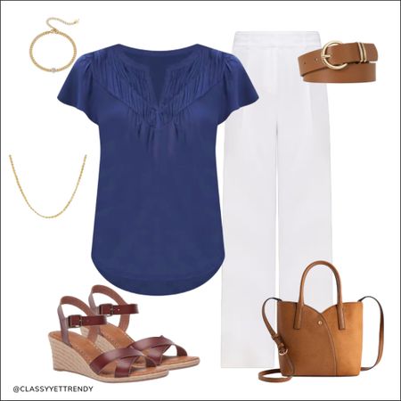 Business casual outfits to wear to work or everyday if you need an elevated wardrobe! ✔️ All outfits are from the Business Casual Summer 2024 capsule wardrobe collection, which includes convenient online shopping links, 100 outfit ideas, a travel packing guide, plus more. ☀️ 

Navy flutter sleeve top
White pants 
Brown espadrille wedge sandals 
Brown belt 
Brown saddle handbag
