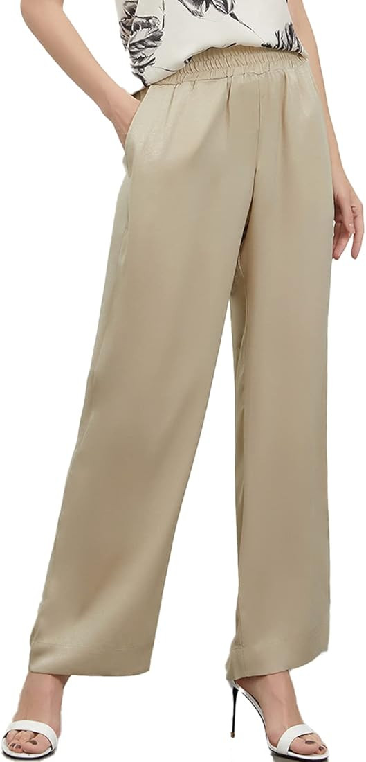 ASSUAL Wide Leg Pants for Women, High Elastic Waist, Silky, Flowy Long Palazzo Trousers with Pock... | Amazon (US)