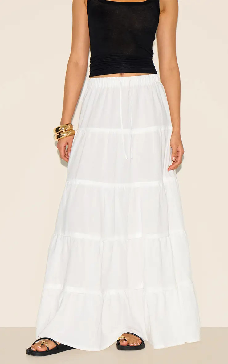 White Cotton Tiered Drawstring Waist Maxi Skirt | PrettyLittleThing USA | PrettyLittleThing US