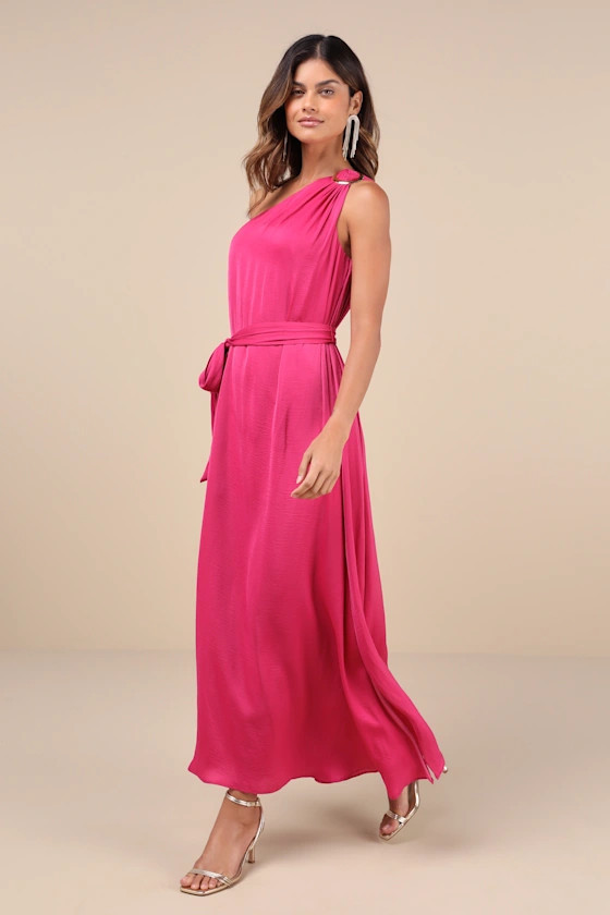 Goddess Aura Fuchsia Satin One-Shoulder Maxi Dress | Lulus