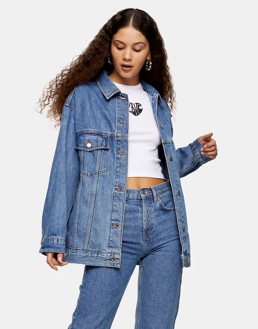 Topshop oversized denim jacket in mid blue wash | ASOS (Global)