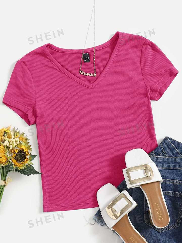 SHEIN EZwear V Neck Rib Knit Solid Tee | SHEIN