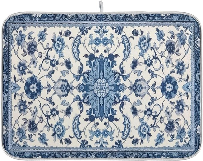 Dish Drying Mat Kitchen Counter Absorbent Blue and White Pattern Coffee Sink Mat Dish Drainer Pad... | Amazon (US)