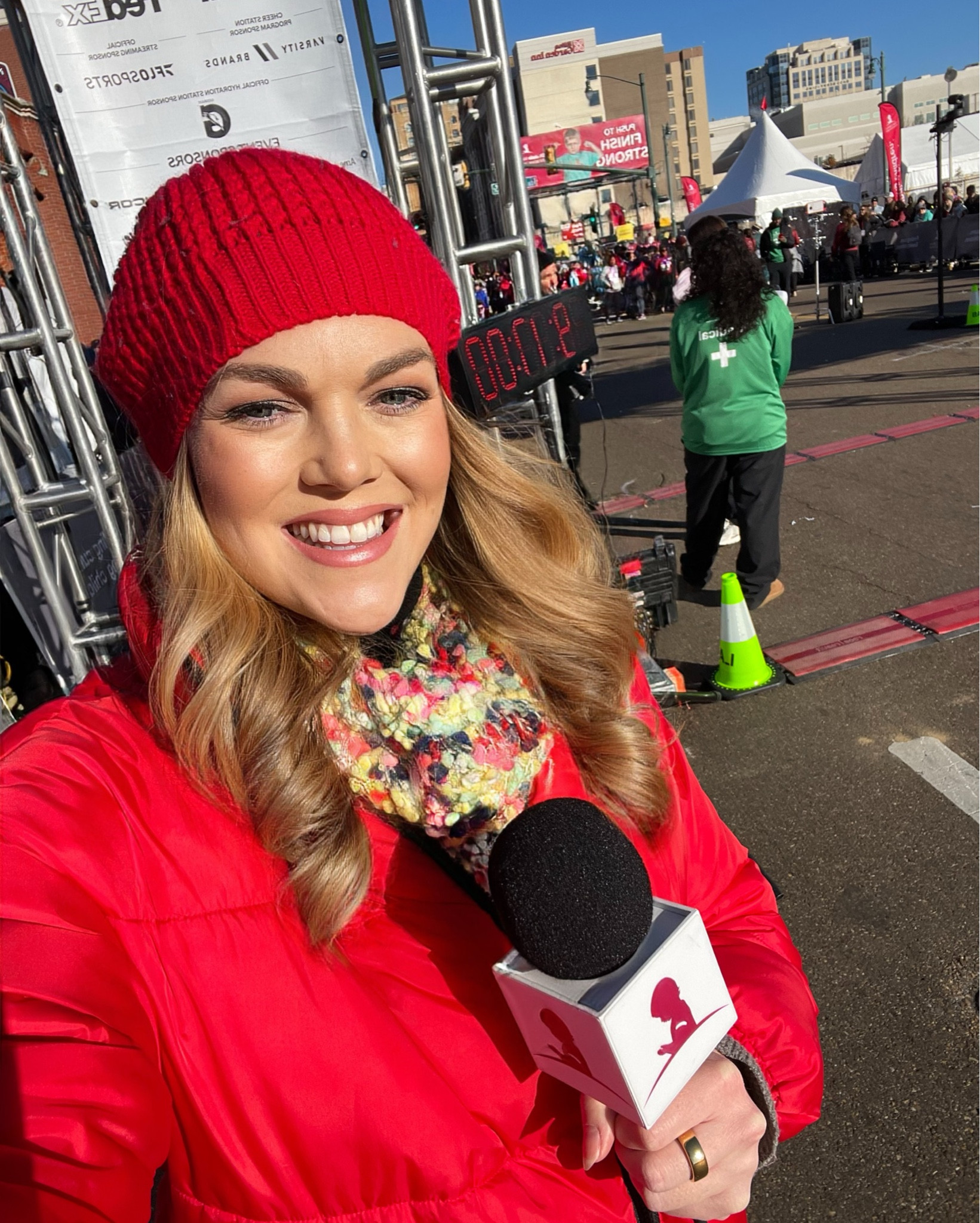 Bundled up for the St. Jude Memphis Marathon! Red puffer jacket. Red hat. Black pants. Bump fit. Maternity friendly  

#LTKBump #LTKActive #LTKFindsUnder50