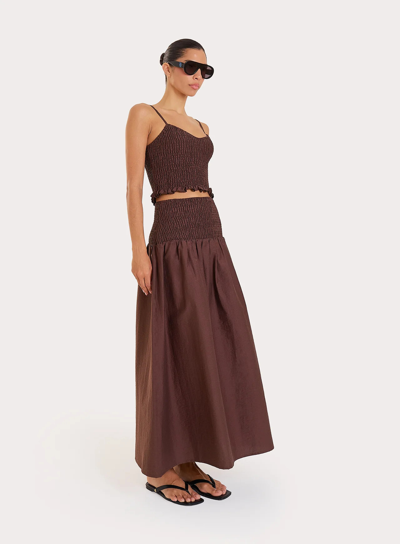 Women's Chocolate Shirred Drop Waist Maxi Skirt | Lowri | 4th & Reckless | 4th & Reckless