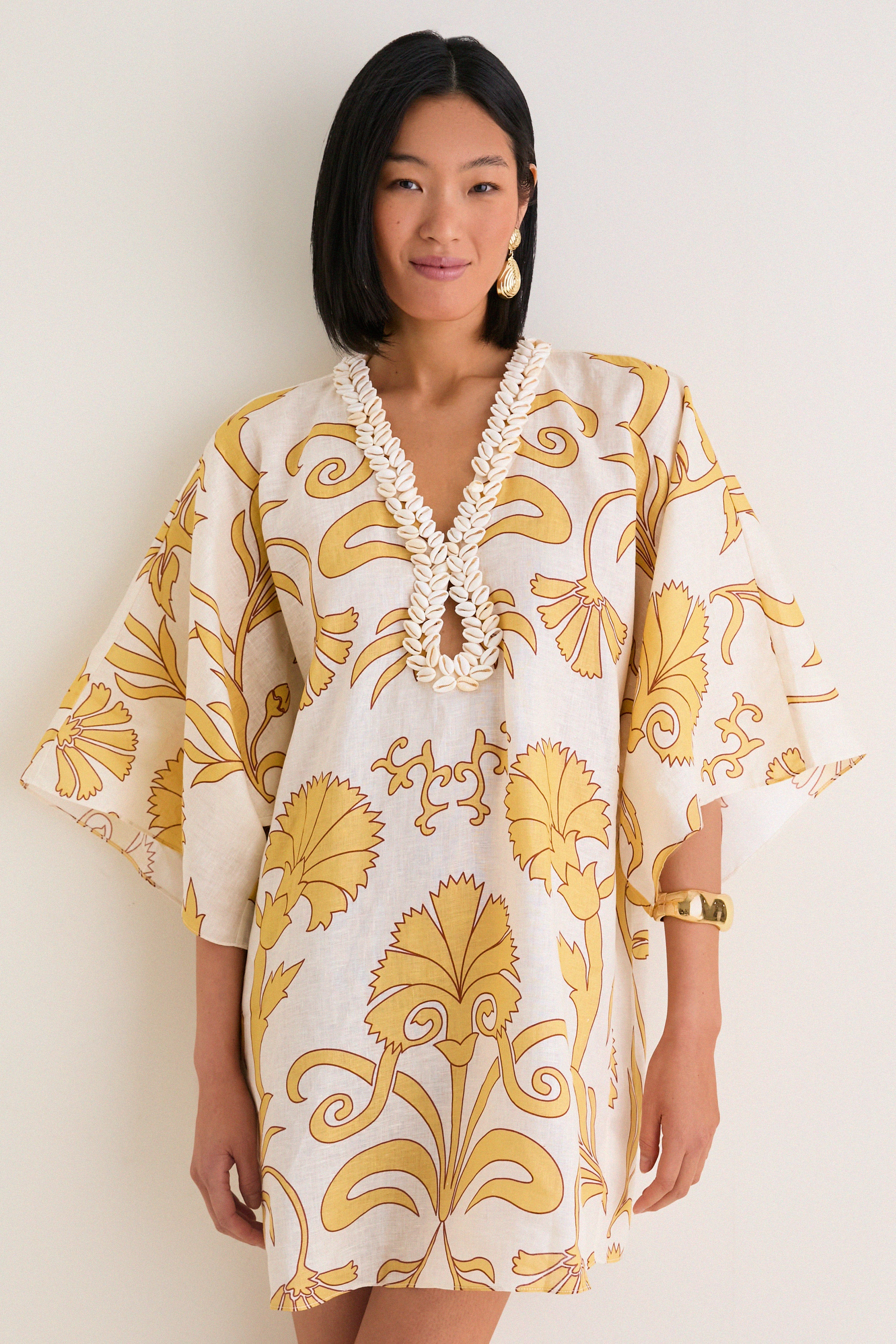 Yellow Flowers Andina Hand-Embroidered Linen Mini Tunic | Tuckernuck (US)