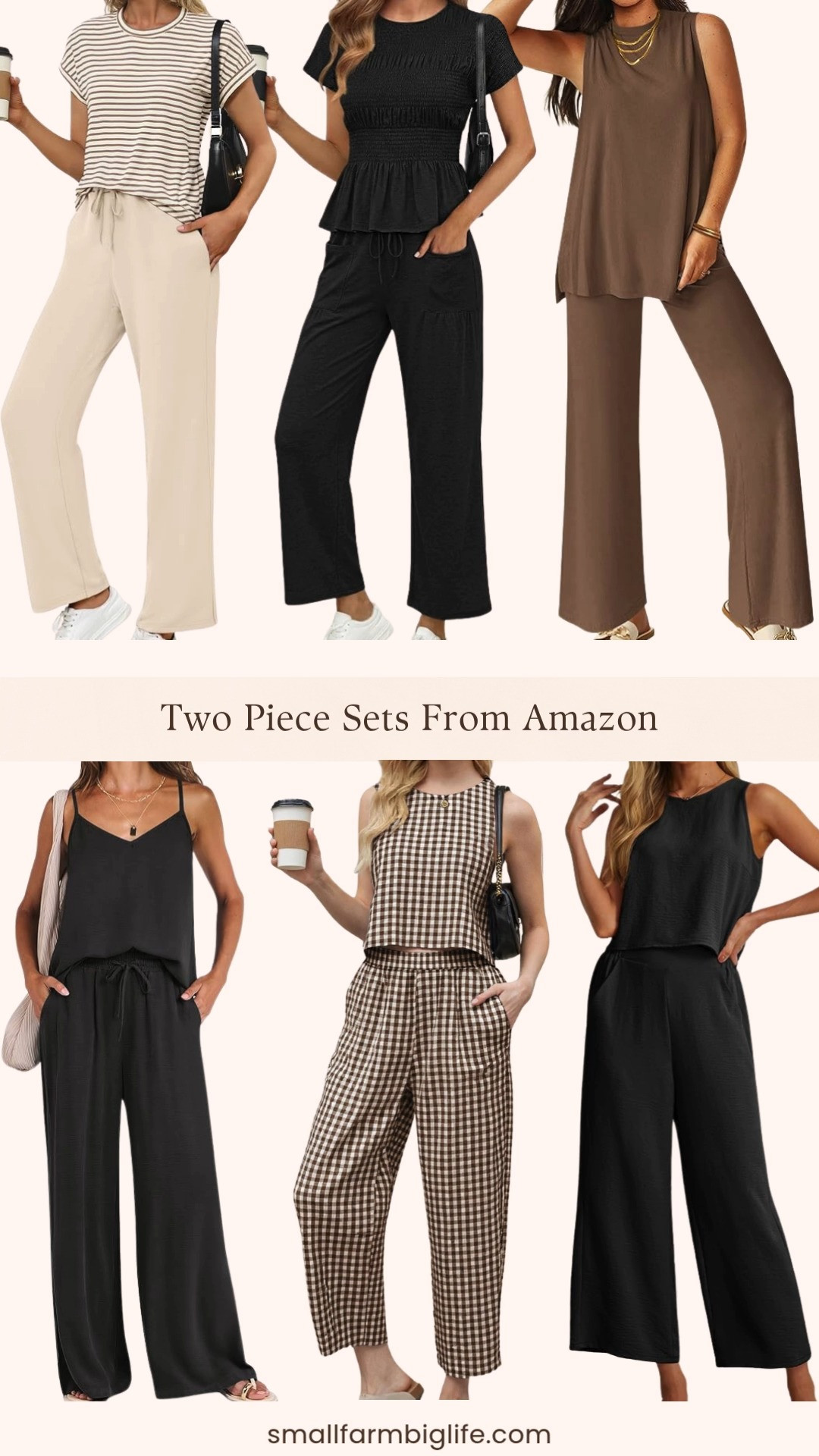 Two piece sets from Amazon and this round up is full of the most comfortable and stylish options for spring and summer 🌿✨ A brown and cream gingham wide leg crop pants matching lounge set, a black smocked short sleeve top and wide leg elastic waist pants boho lounge set, a beige and brown striped short sleeve shirt and wide leg pants casual lounge sweatsuit, a brown casual matching track sweat suit perfect for airport travel and everyday wear, a black sleeveless tank crop top and wide leg pants set with pockets, and a black casual matching tank top and wide leg pants travel and vacation set. So many beautiful colors and styles in this round up and every single one is so comfortable and easy to style for vacation, travel, beach days, and casual everyday outfits. Wide leg two piece sets are having such a moment right now and these Amazon finds are so well priced for the quality. Everything is linked! 🛒 

 #LTKootd #LTKOver40 #LTKTravel