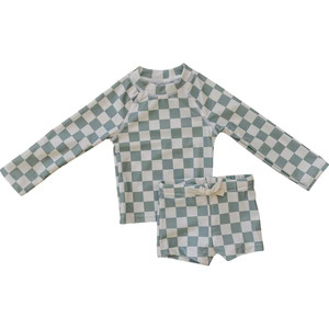 Light Green Checkered Long Sleeve Swim Set | Mebie Baby