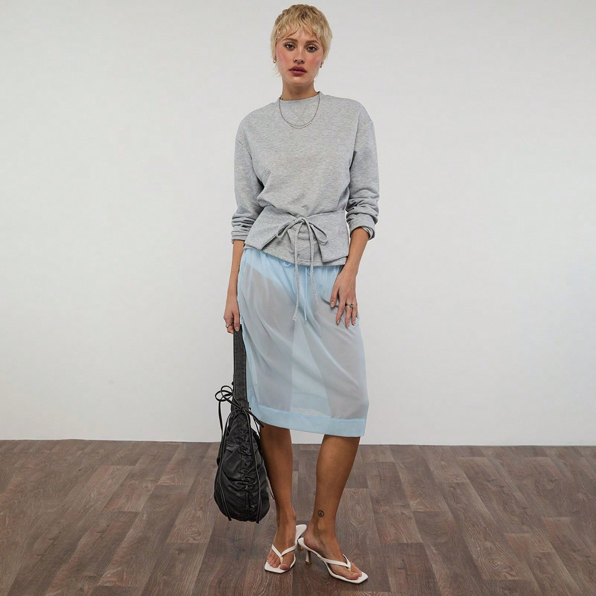 COUREZ Tie Waist Crew Neck Sweatshirt /Y2K Summer Clothes For Women Grey Sweatshirt Summer Outfits Going Out Outfits Concert Outfits Spring Outfits For Women | SHEIN