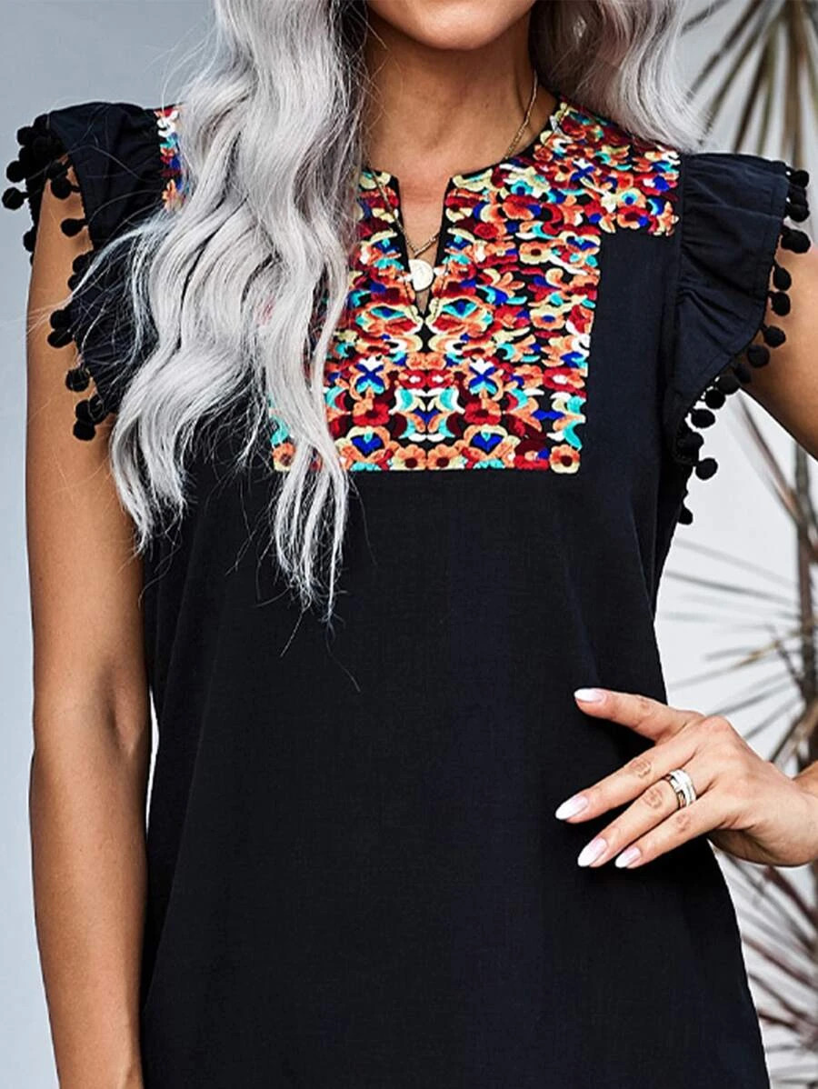 Graphic Embroidered Ruffle Hem Babydoll Dress | SHEIN