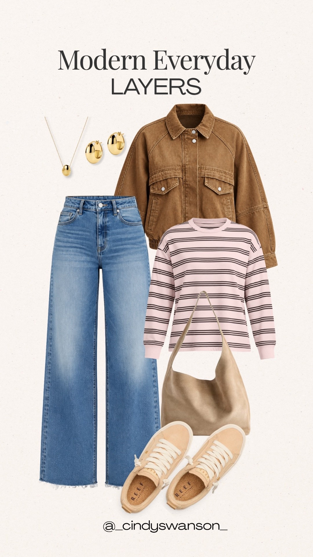A denim jacket outfit with a little extra personality. I love how the warm brown utility jacket pairs with a soft pink striped top and classic blue jeans. Neutral sneakers and a relaxed shoulder bag keep this everyday look comfortable, versatile, and easy to wear through the fall transition.