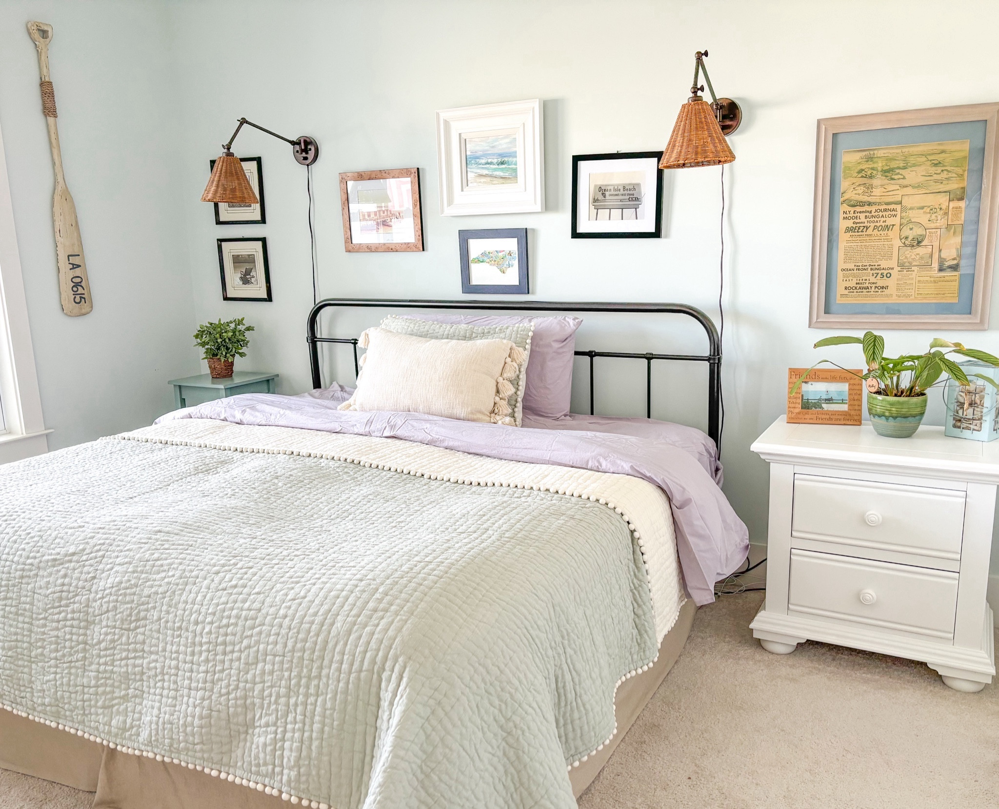 Get your guest room ready for company with a few of my favorite things. Roomy cotton sheets, sconces for reading in bed, and even a new headboard #bedding #guestroom #wickersconces #kingsheets #metalheadboard #lavendersheets

#LTKCyberWeek #LTKhome #LTKHoliday