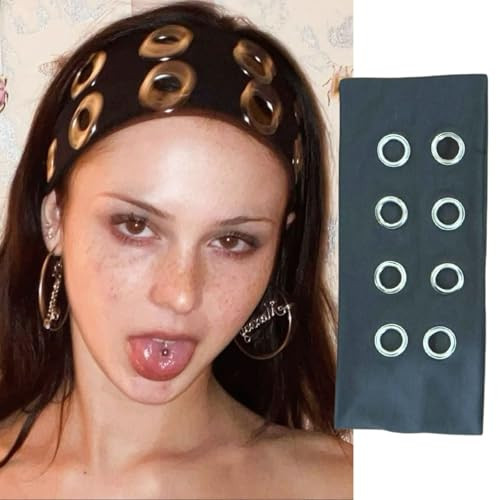 Juglok Grommet Eyelet Headband with Holes for Women, Stretch Punk Y2K Headband, Gothic Rock Hair Accessories for Streetwear & Y2K Accessories (Dark Gery, Average) | Amazon (US)