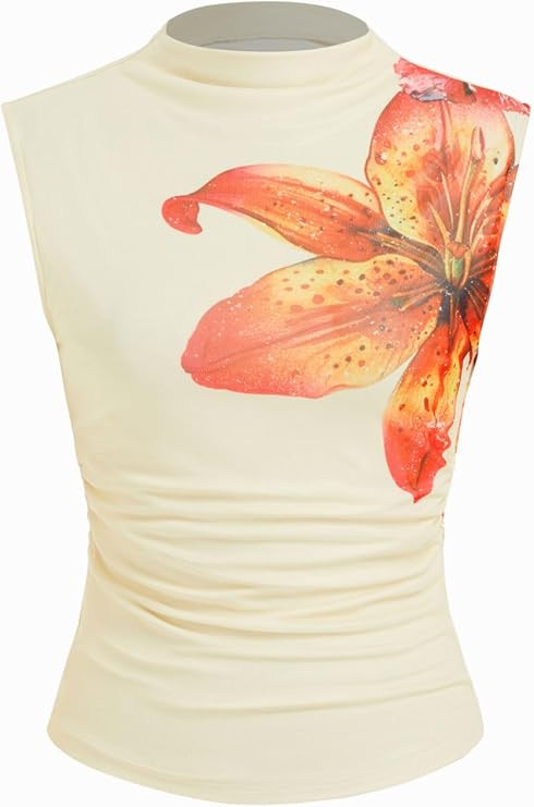 CIDER Women's Sleeveless Mock Neck Floral Summer Tank Tops Going Out Ruched Y2k Tops for Women Va... | Amazon (US)