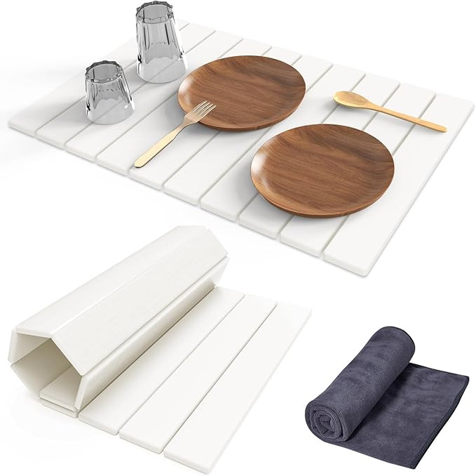 Stone Dish Drying Mat for Kitchen Counter,24"(L)×16"(W) Collapsible Fast-Drying Diatomaceous Ear... | Amazon (US)