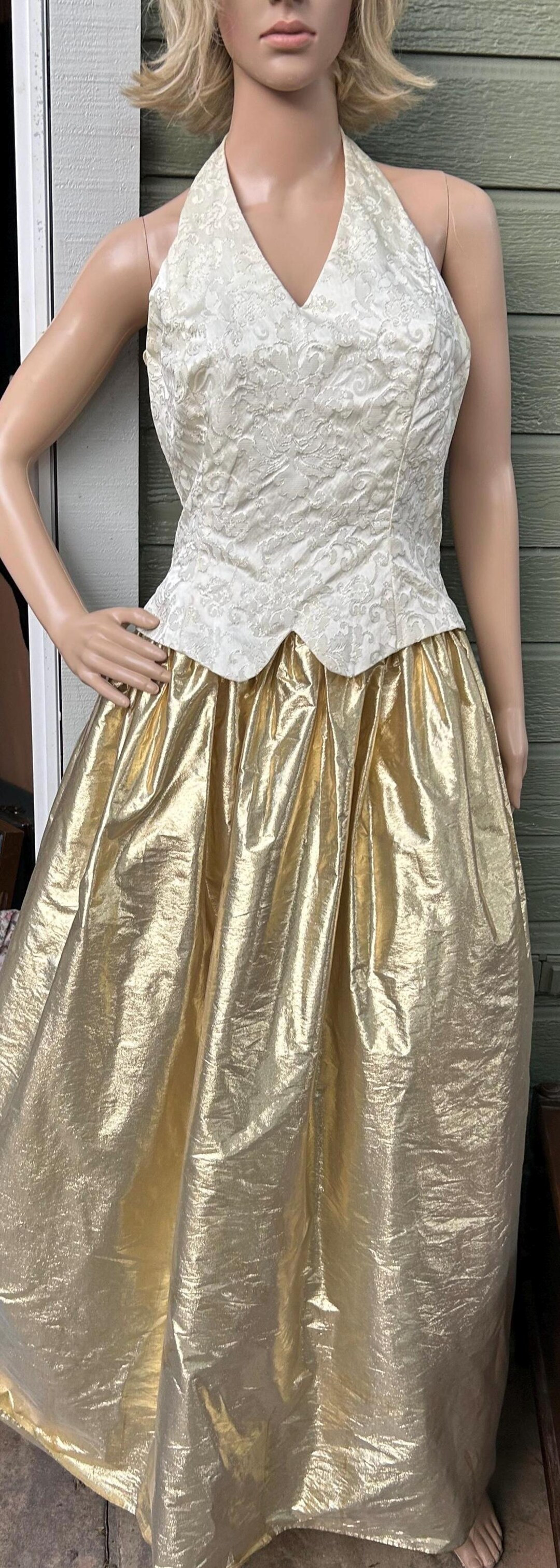 Vintage 80s Jessica Mcclintock for Gunne Sax Formal Dress Ivory Fitted Halter Top W/gold Lame Max... | Etsy (US)