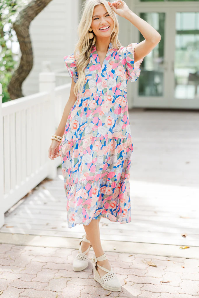 Bright Days Ahead Blue Peach Combo Midi Dress | The Mint Julep Boutique