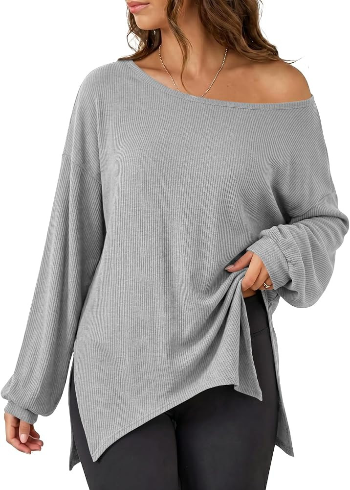Fisoew Womens Off the Shoulder Tops Oversized Long Sleeve Ribbed Knit Pullover Sweatshirts Casual... | Amazon (US)