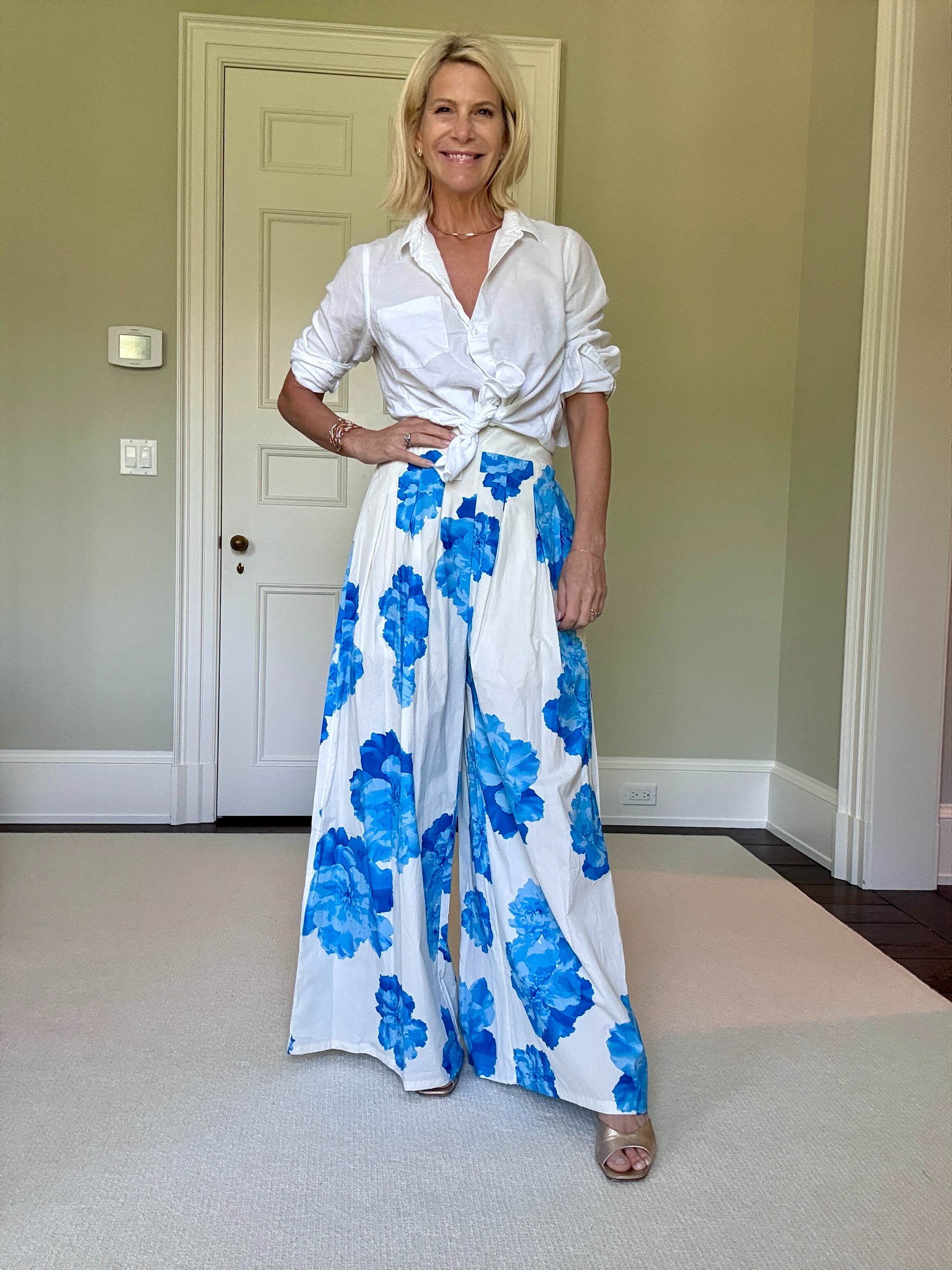 Blue Floral Wide-Leg Pants Outfit Inspiration 

 #LTKootd #LTKSeasonal #LTKOver40