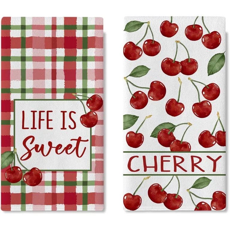 Cherry Kitchen Dish Towels Set of 2, Life is Sweet Fruit Red Green Plaid Drying Hand Towel Baking... | Walmart (US)