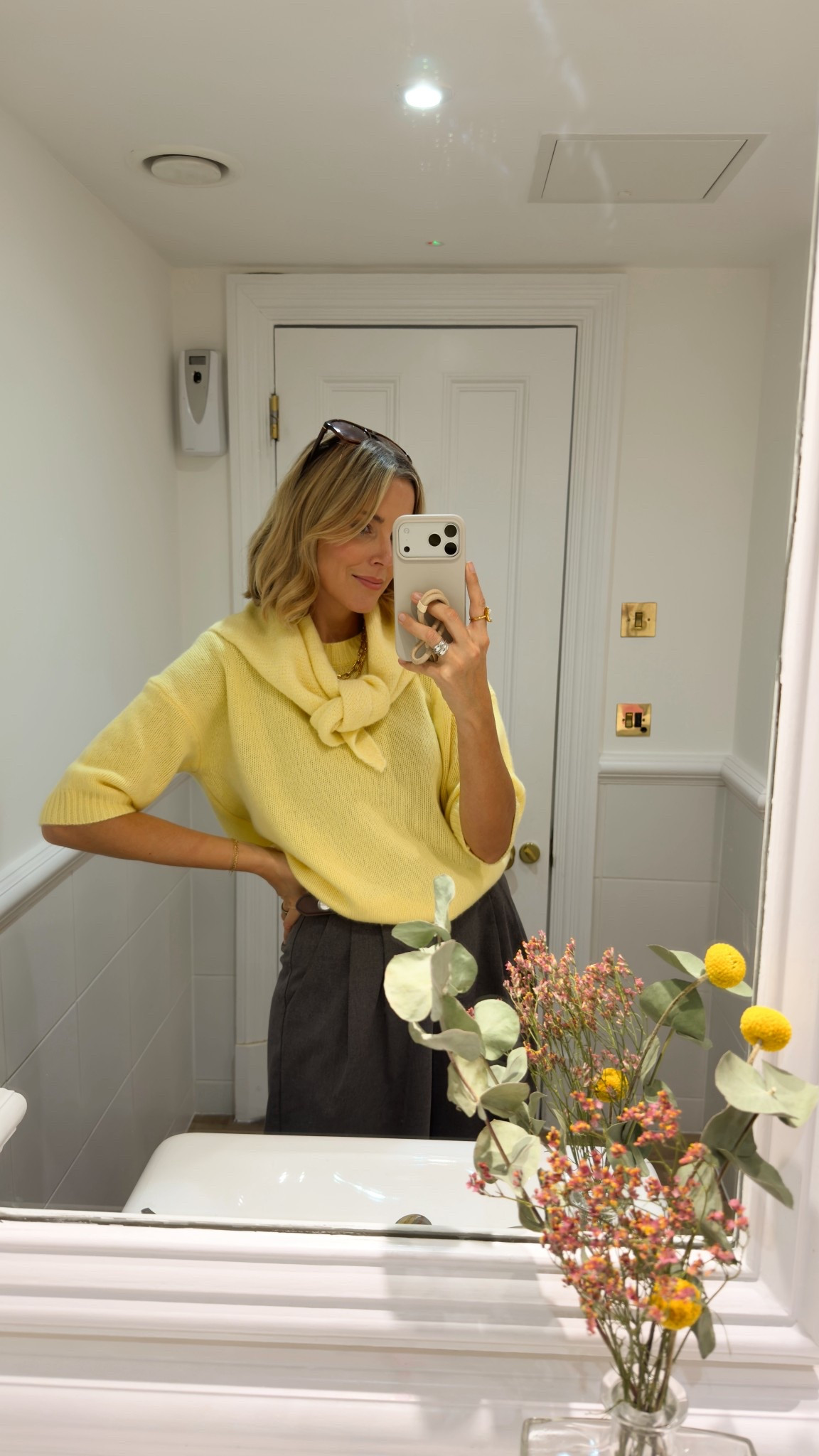 Yellow knit, yellow scarf, neck scarf, grey trousers, spring outfit 

#LTKFashionMonth #LTKspring #LTKuk