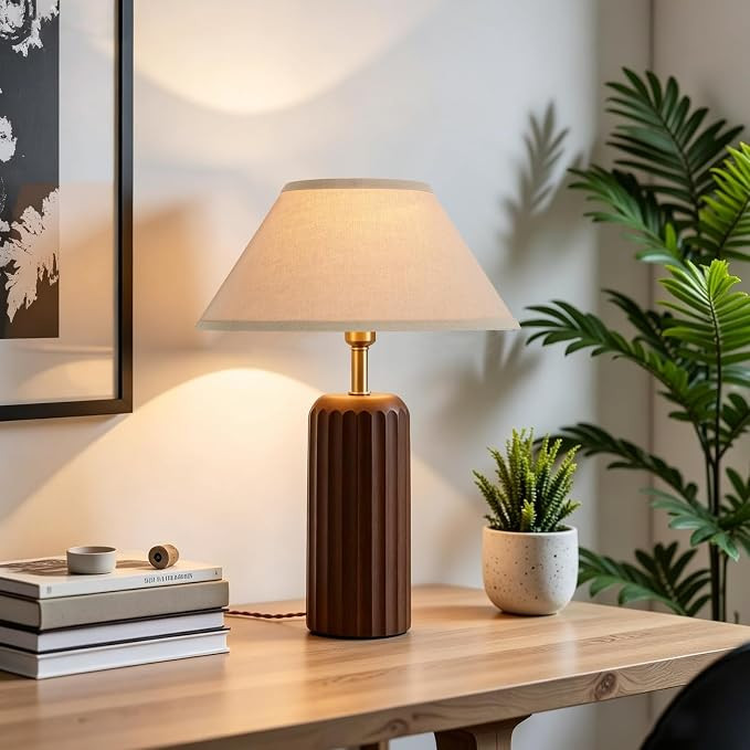 21'' Traditional Bedside Table Lamp, Solid Oak Wood Table Lamp with Linen Shade, Farmhouse Lamp H... | Amazon (US)