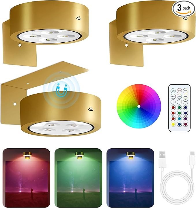 3-Pack Picture Lights for Wall, 13 RGB Color Changing Led Art Display Light with Rechargeable Bat... | Amazon (US)