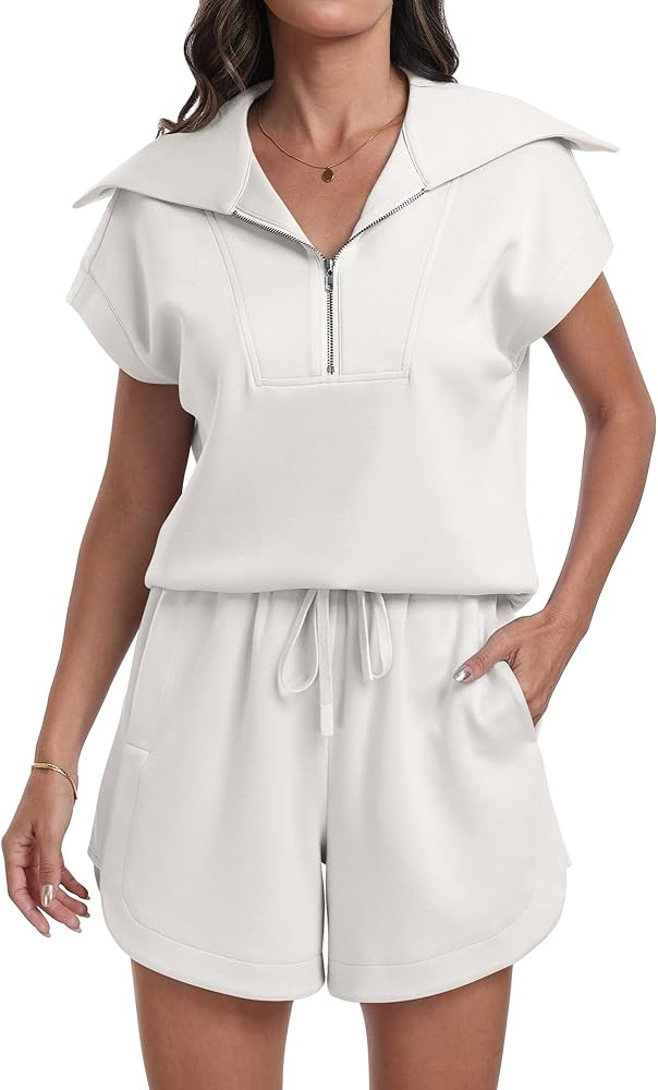 ANRABESS Women 2 Piece Outfits Sweatsuit Half Zip Lapel Collar Short Sleeve Tops Sweat Sho... | Amazon (US)