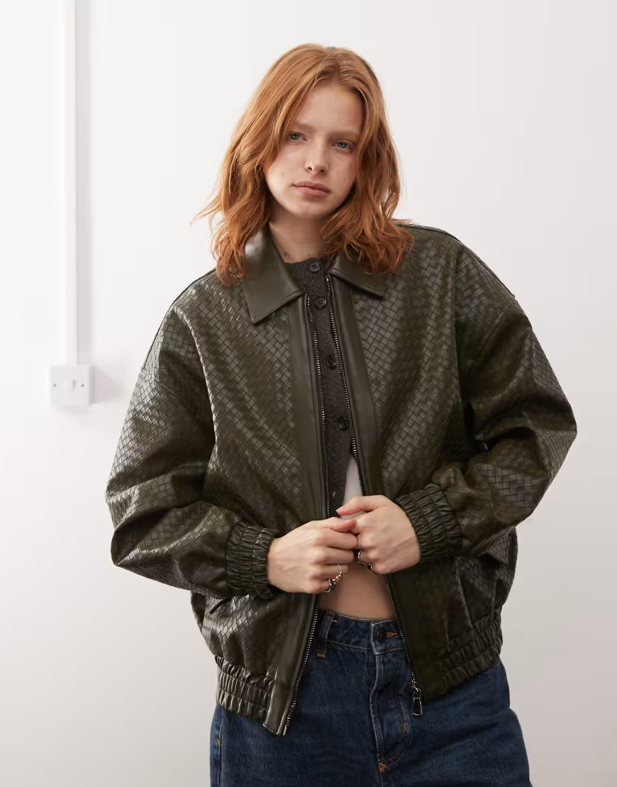Lioness exclusive leather look weave detail bomber jacket in bottle green | ASOS (Global)