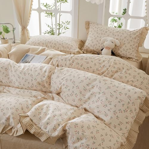 Ruffle Floral Duvet Cover Set Queen Size, 100% Cotton Cute Strawberry Bedding Set with Ruffle Lace, Aesthetic Floral Strawberry Duvet Cover Reversible Tan Gingham Comforter Cover Cottagecore Bedding | Amazon (US)