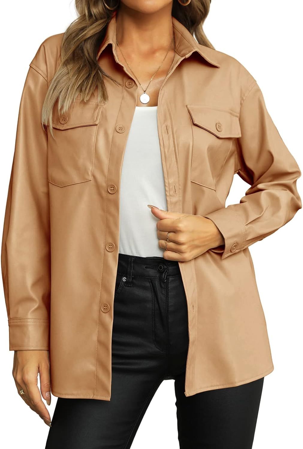 Womens Button Front Faux PU Leather Jacket Shacket Casual Shirt Long Sleeve Belted Blazer Coat wi... | Amazon (US)