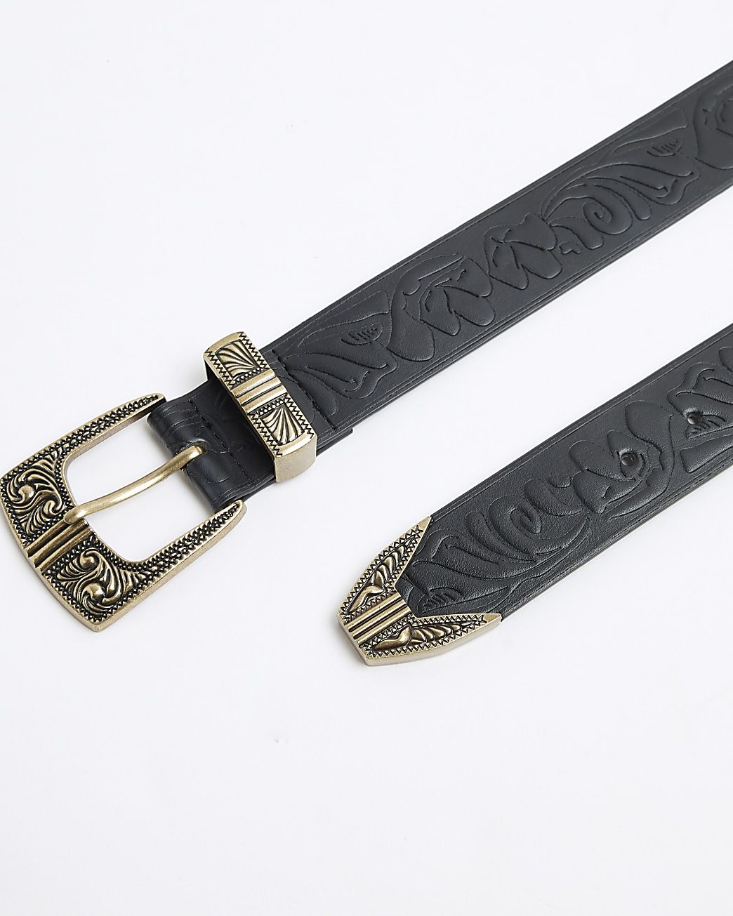 Black Embossed Strap Western Belt | River Island (UK & IE)