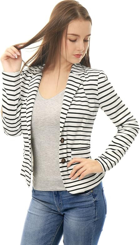Allegra K Women's Notched Lapel Pocket Button Closure Striped Blazer | Amazon (US)