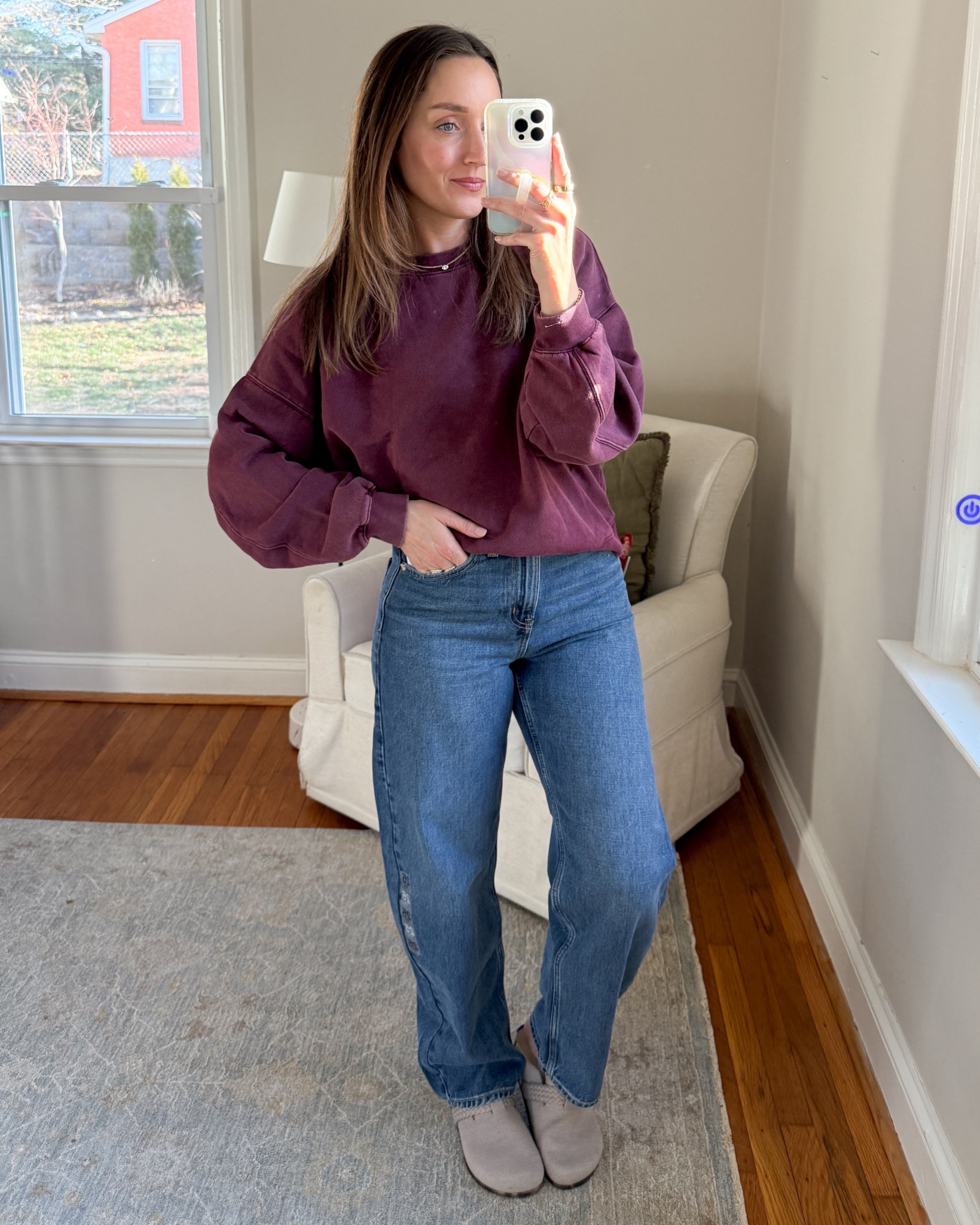 Gap crew neck sweatshirt in small and barrel leg jeans in 25. 