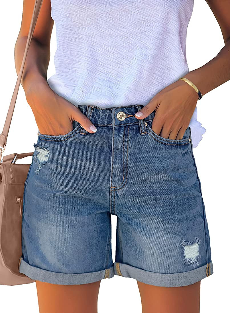 luvamia Women's Casual Ripped Denim Shorts High Rise Distressed Rolled Hem Jeans Shorts | Amazon (US)