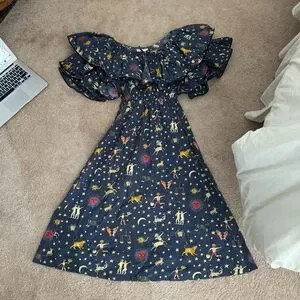 Rhode Resort- Navy Zodiac Print Large Ruffle Collar Midi Dress | Poshmark