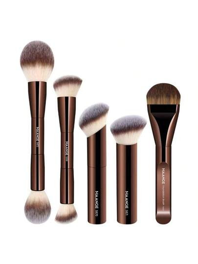 MAANGE 4 PCS Foundation Makeup Brush Set Double-Ended Kabuki Contour Brush For Liquid Powder Concealer Cream Cosmetics Blending Blush Face Makeup Tools Kit (Coffee) | SHEIN